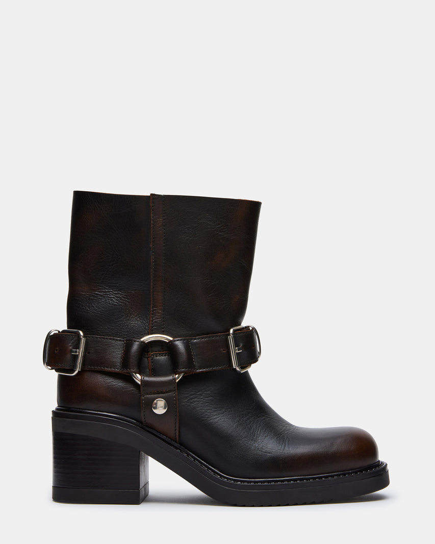 STEEL Brown Distressed Moto Buckles Women's Ankle Boot | Steve Madden