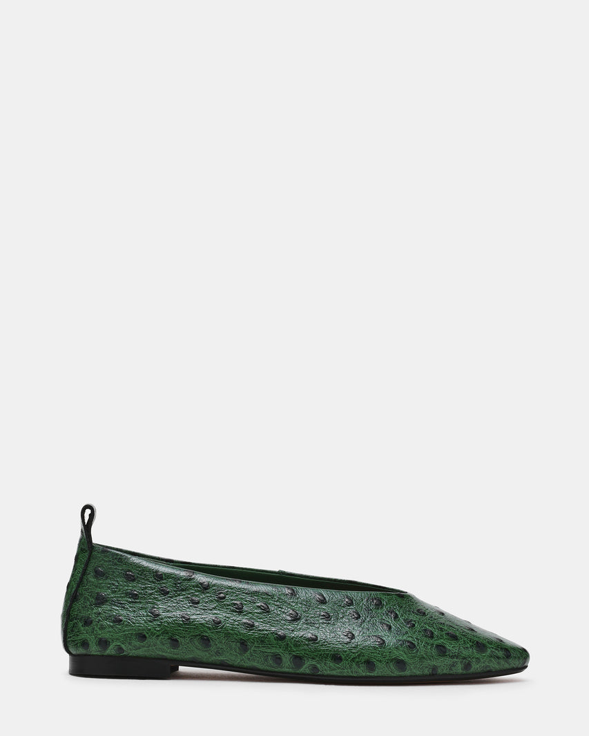 SWANKY Ostrich Green Leather Almond-Toe Ballet Women's Flat | Steve Madden