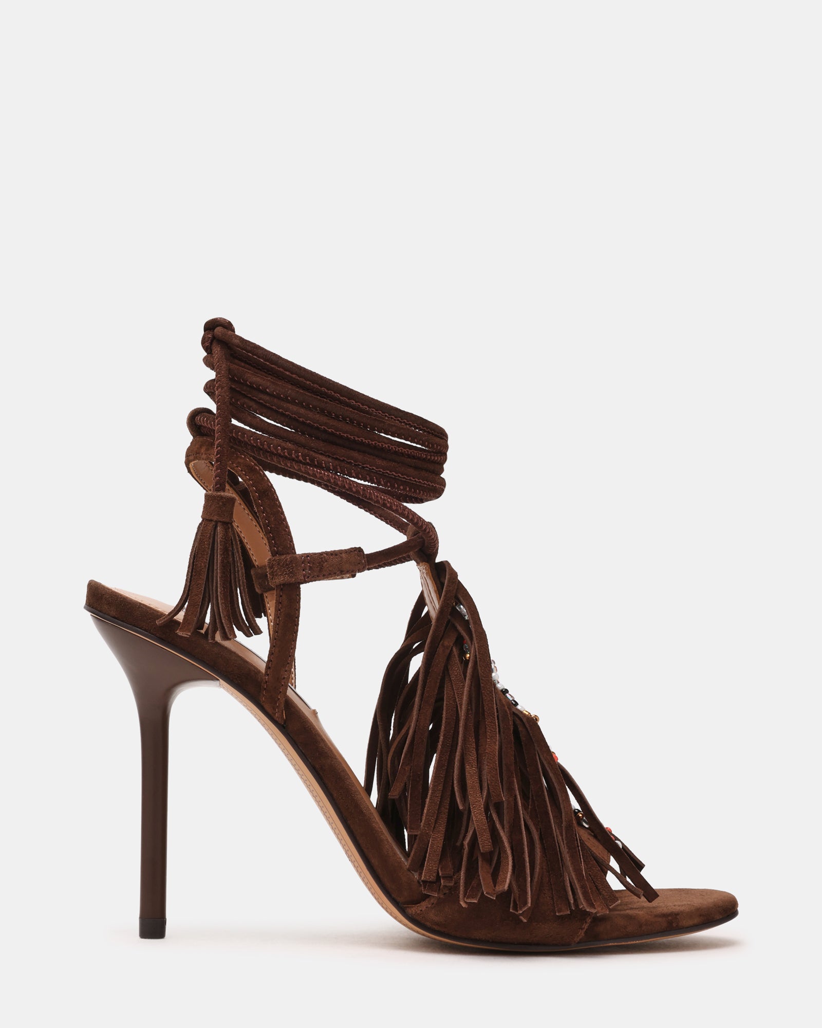 TALIA Brown Suede Fringe Beaded Stiletto Strappy Leg-Ties Women's Heel | Steve Madden