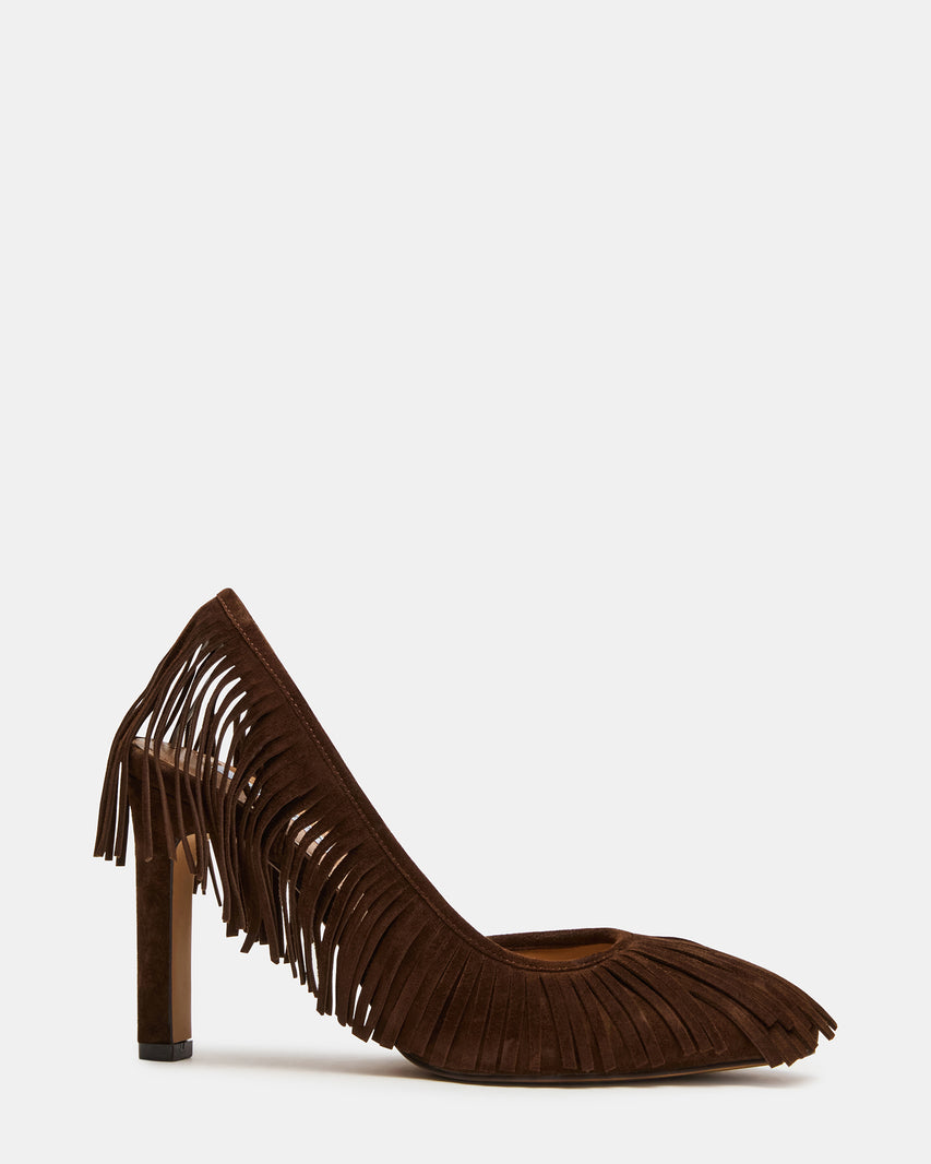 GREER Brown Suede Fringe Slingback Round-Toe Women's Heel | Steve Madden