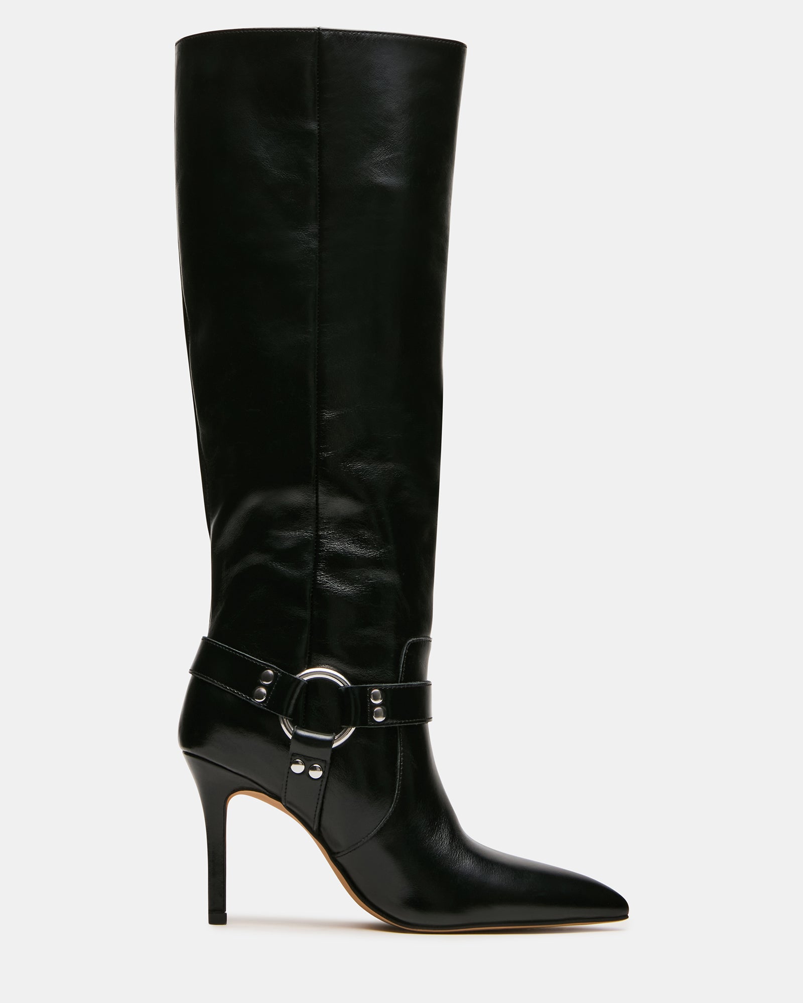 TALIS Black Leather Pointed-Toe Knee-High Stiletto Women's Boot | Steve Madden
