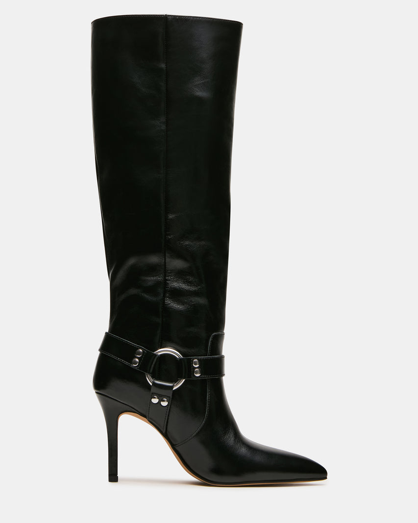 TALIS Black Leather Pointed-Toe Knee-High Stiletto Women's Boot | Steve Madden