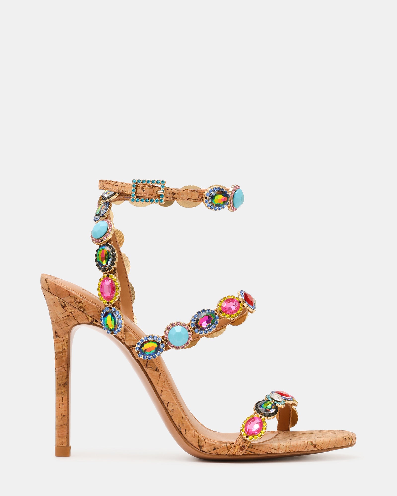 TAMALA Cork Bright Multi Stone Round Open Toe Ankle Strap Women's Heel | Steve Madden