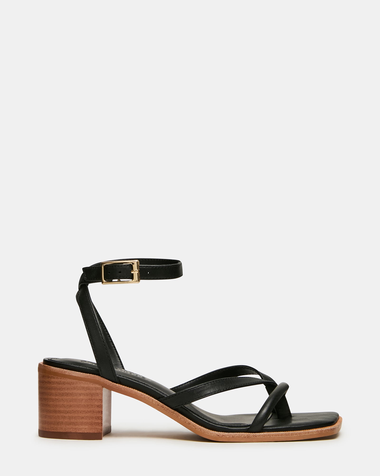 TILLY Black Leather Square-Toe Block Heel Strappy Sandal