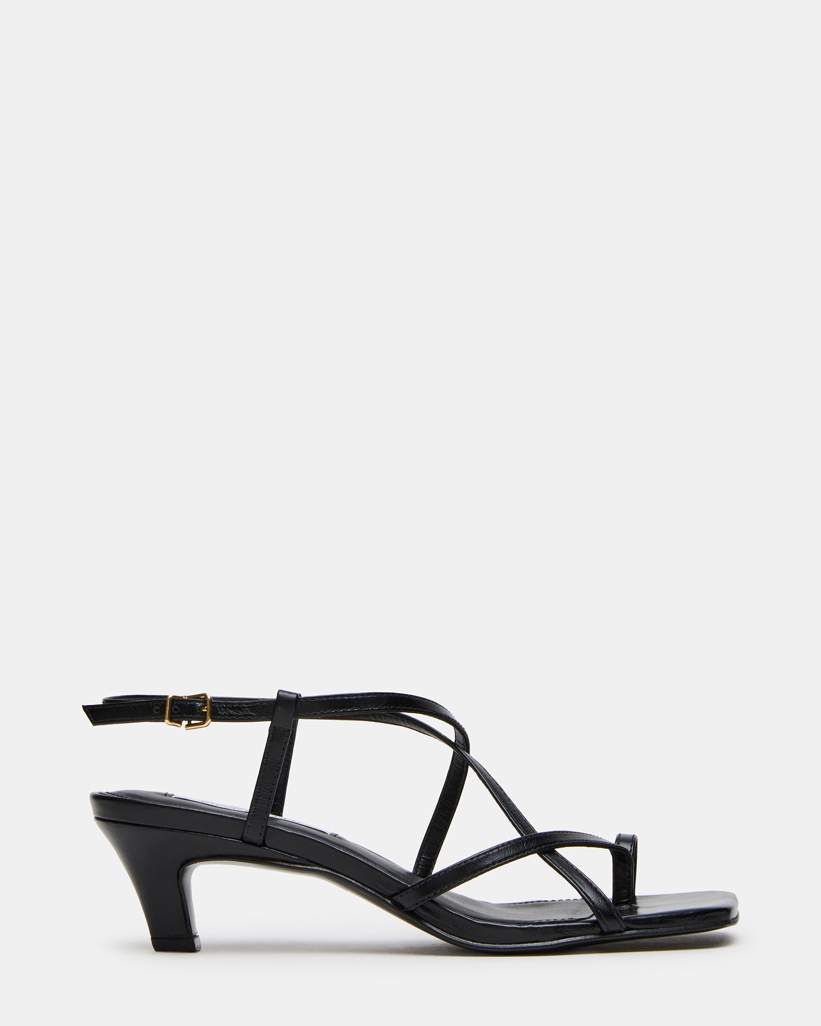 TRIANA Black Leather Strappy Square-Toe Thong Women's Kitten Heel | Steve Madden