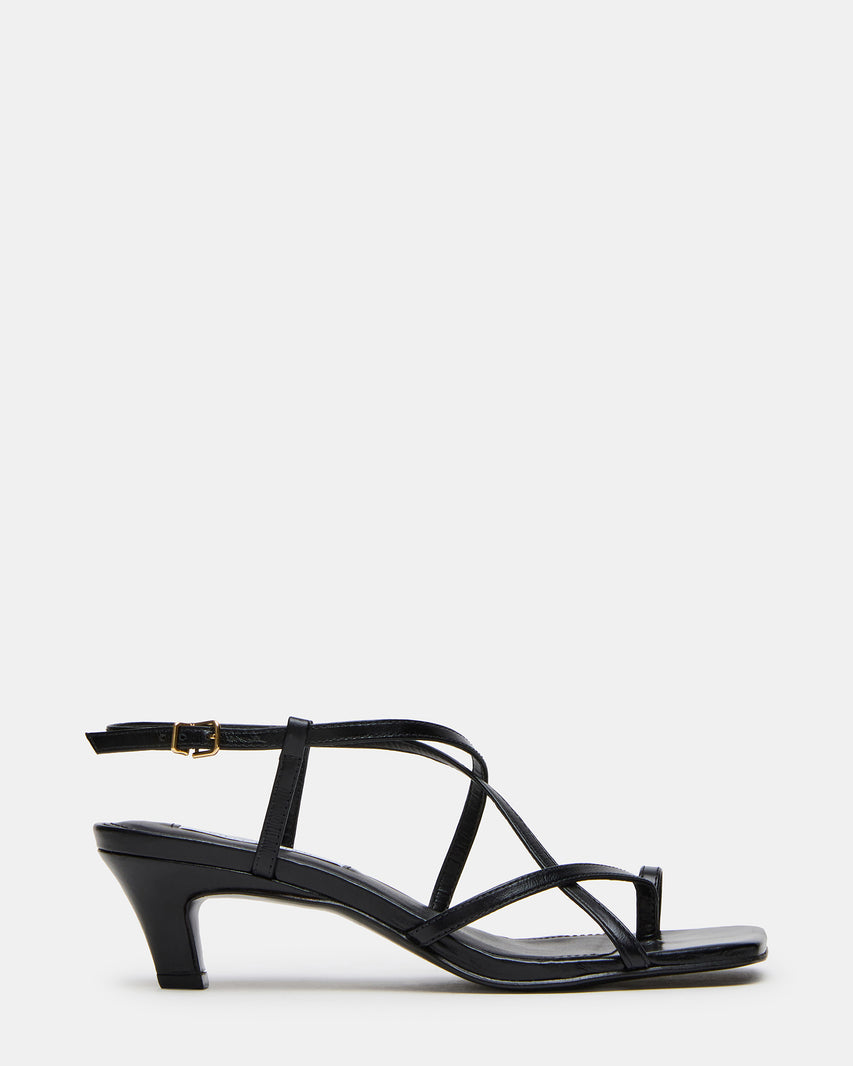 TRIANA Black Leather Strappy Square-Toe Thong Women's Kitten Heel | Steve Madden