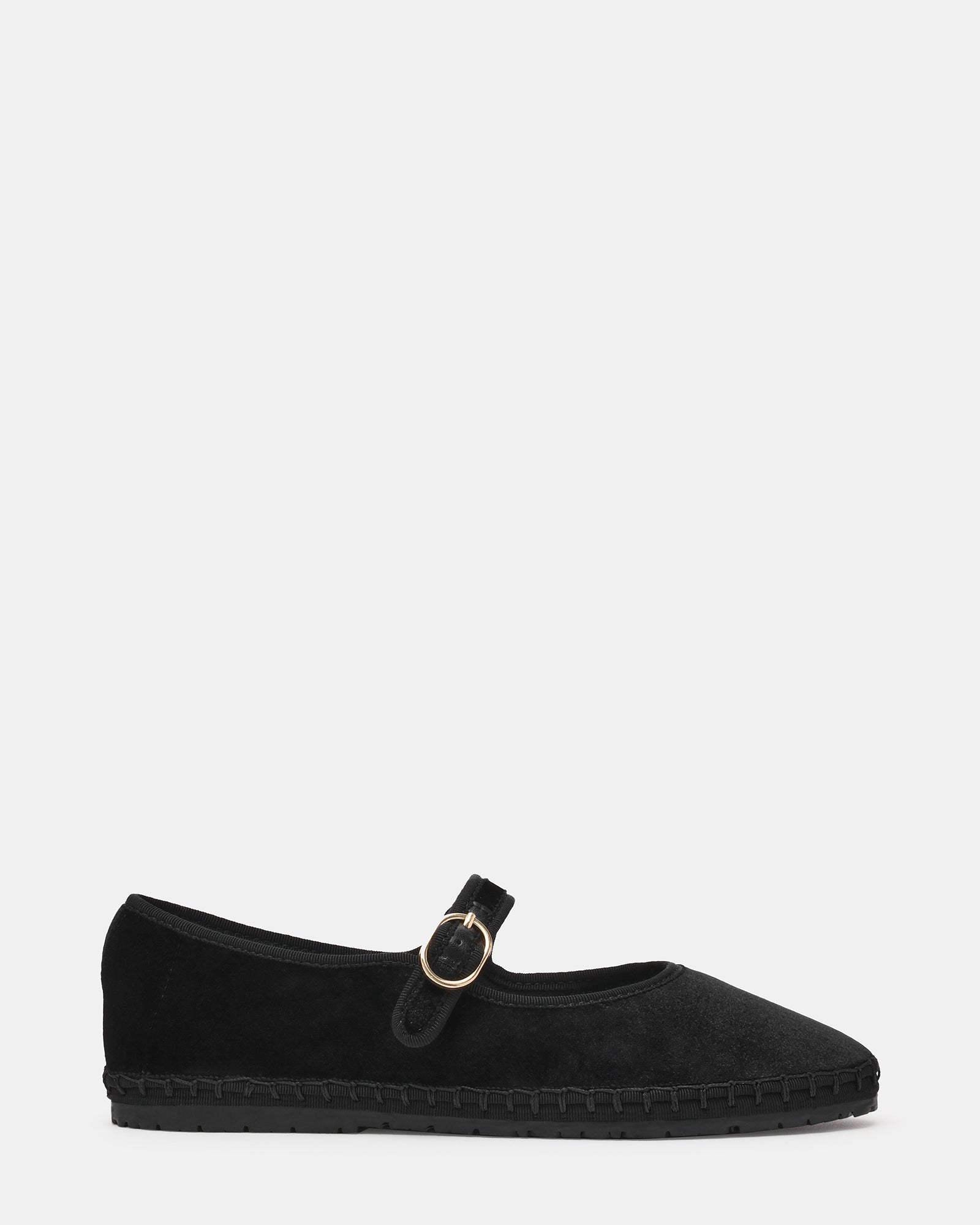VELMA Black Velvet Mary Jane Gold-Detail Buckle Women's Flat | Steve Madden