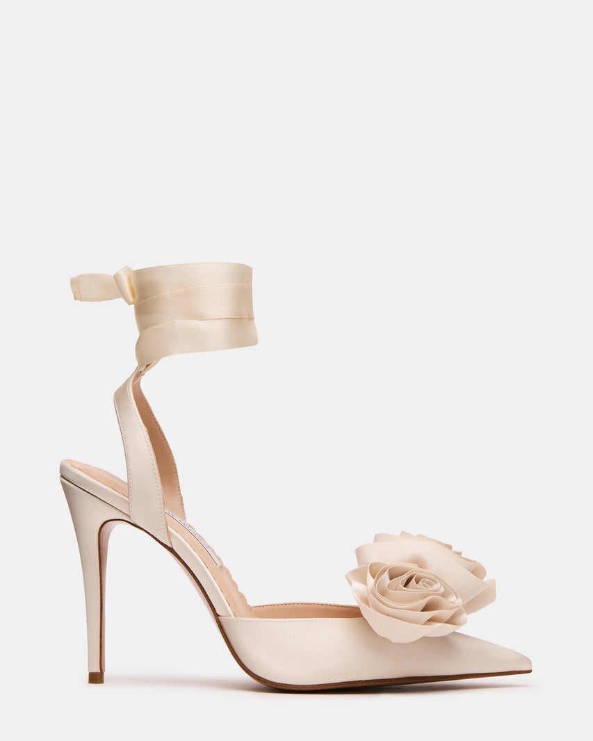 ROSIE Ivory Satin Flower Pointed-Toe Stiletto Leg-Ties Women's Heel | Steve Madden