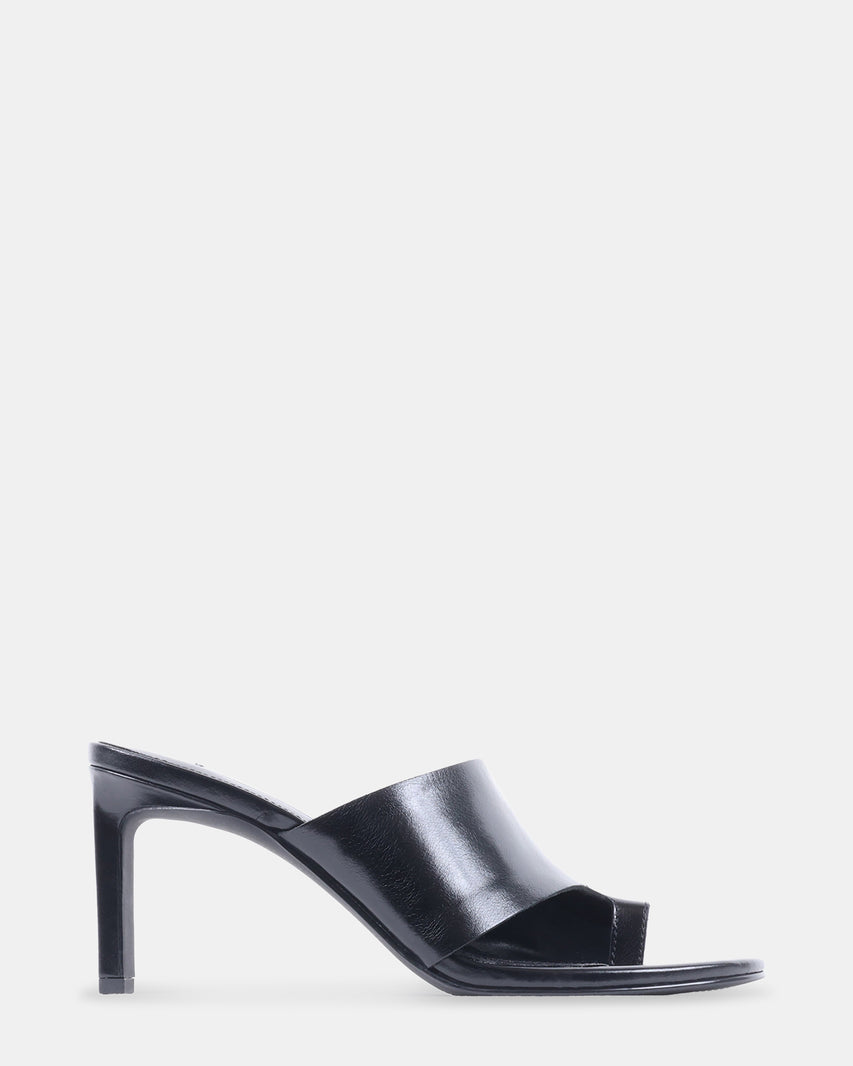 VALENTIN Black Leather Toe-Strap Mule Women's Heel | Steve Madden