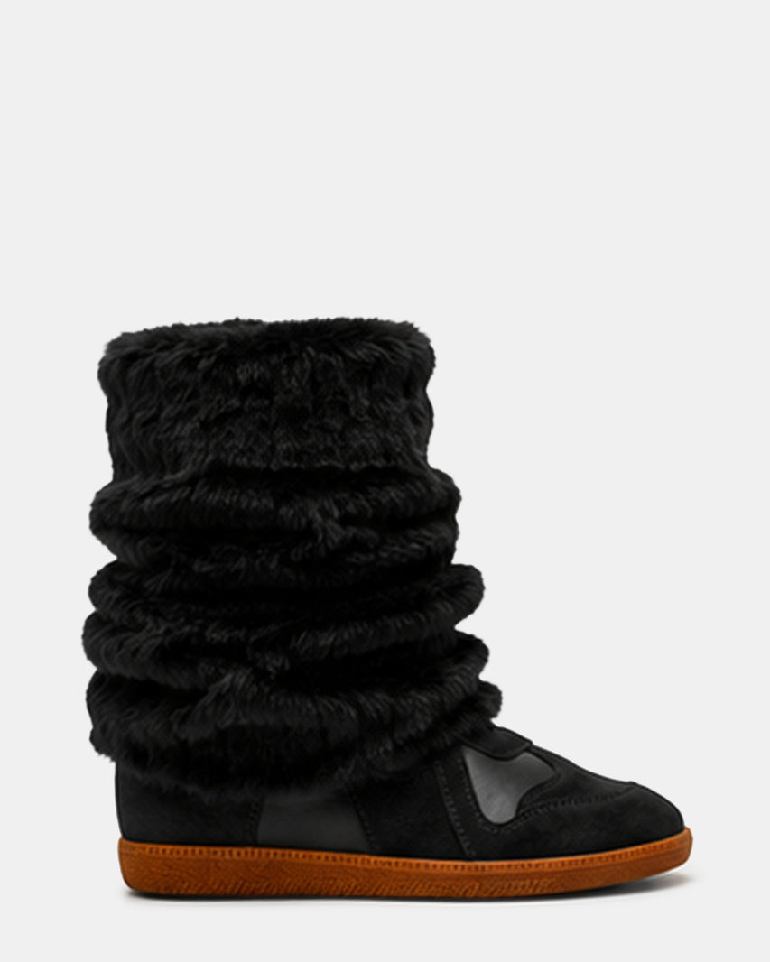 MAVIS Faux Fur Black Suede High-Top Velcro Women's Wedge Sneaker | Steve Madden